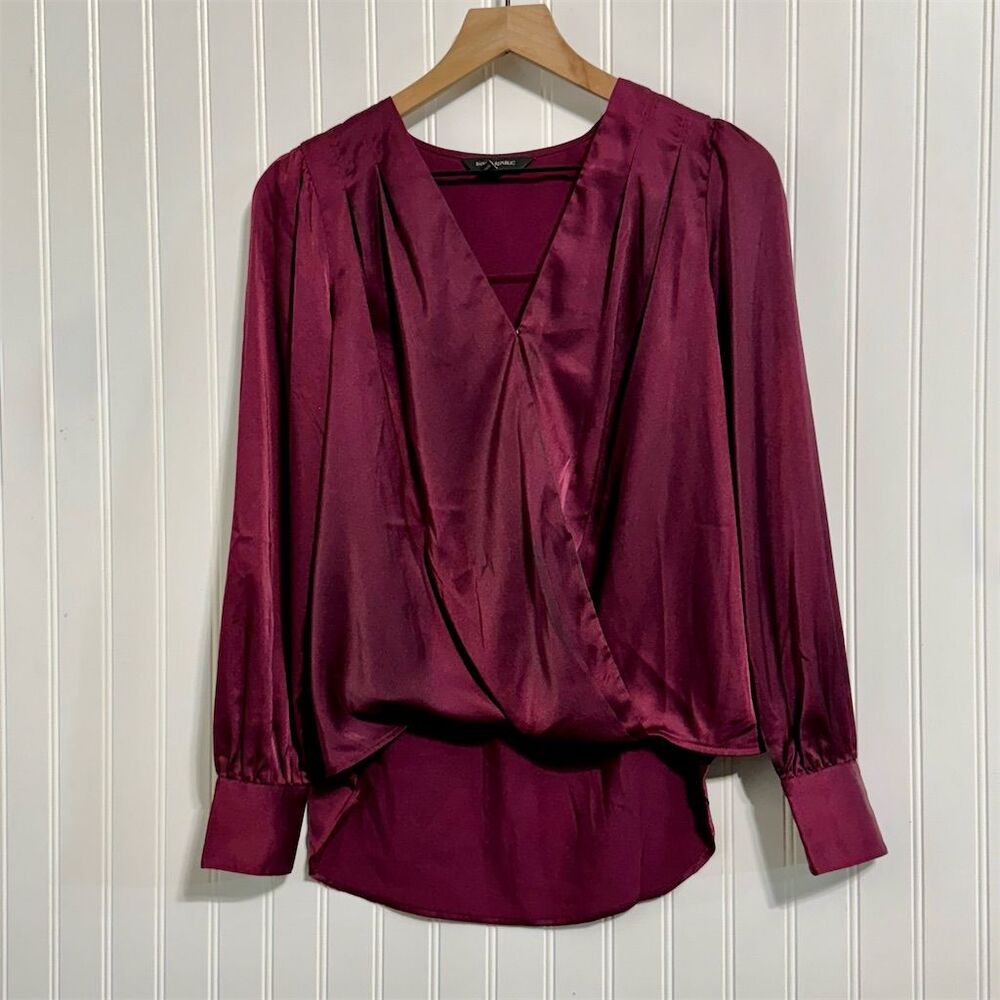 Banana Republic Satin Surplice Blouse Small‎ Burgundy Faux Wrap Holiday Office